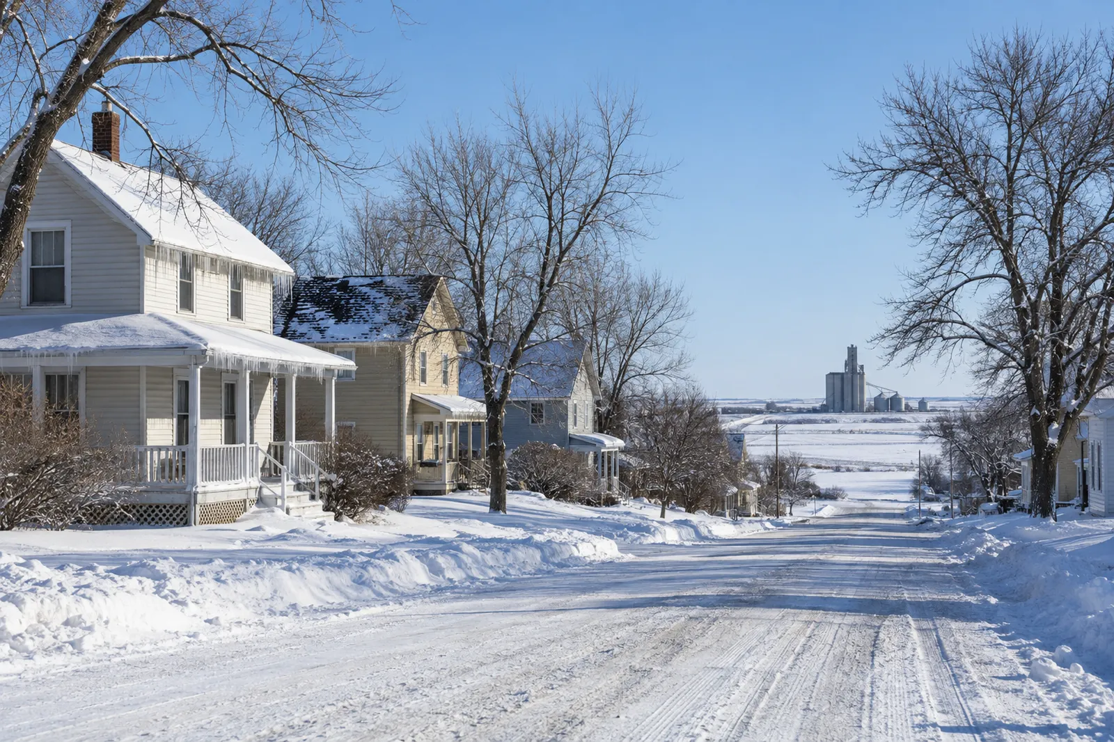 Snow-covered residential street with frame houses on the South Dakota prairie