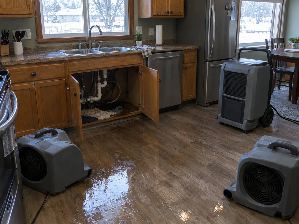 Drying equipment in a kitchen after a frozen pipe burst under the sink